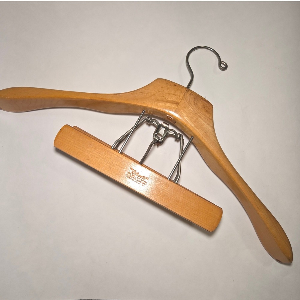 VTG SETWELL Suit Hanger 50s Wood French Collar Brown Trouser Clamp USA Made GUC